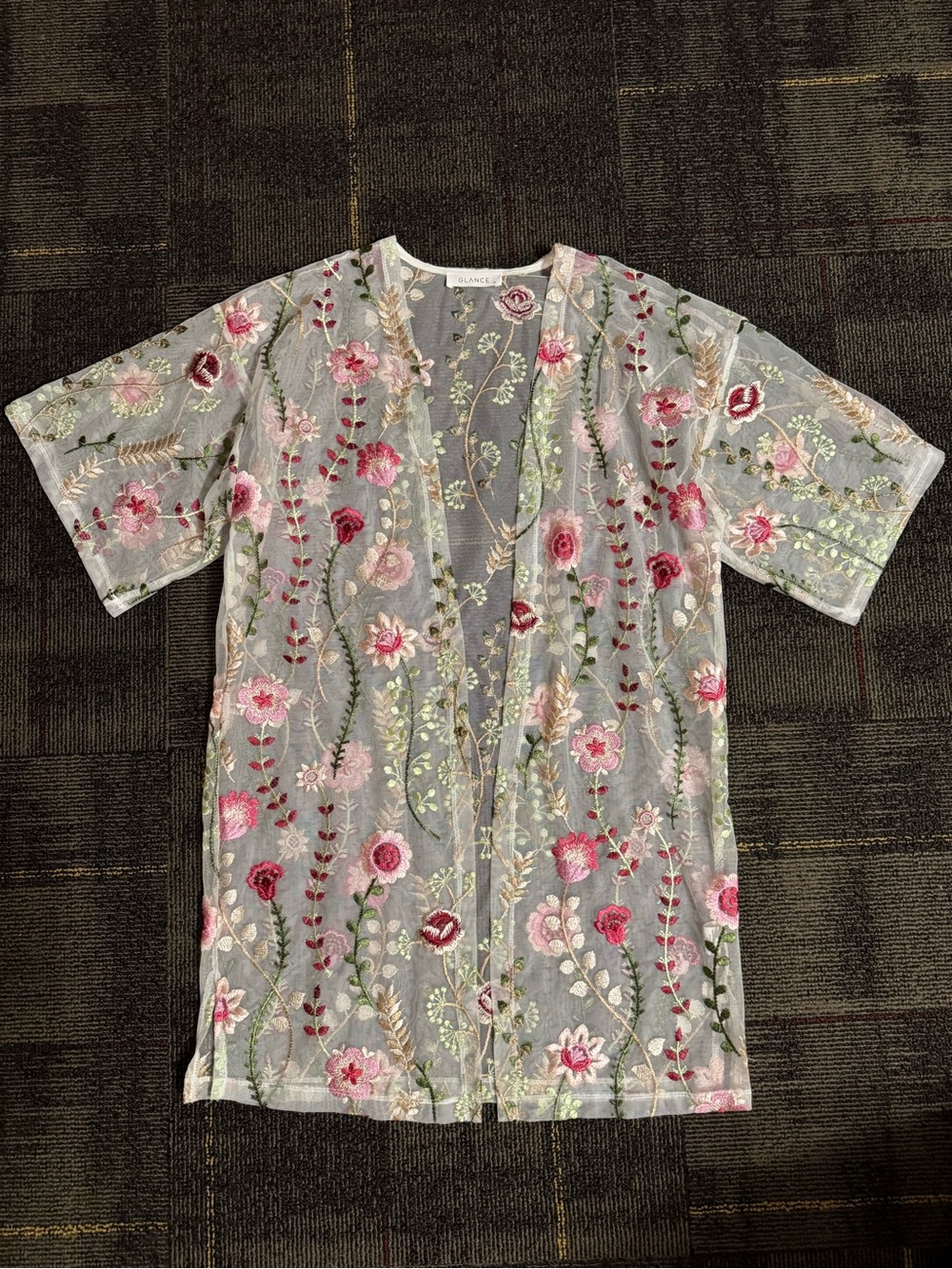 Sheer Floral Embroidered Kimono - Pink Multicolor